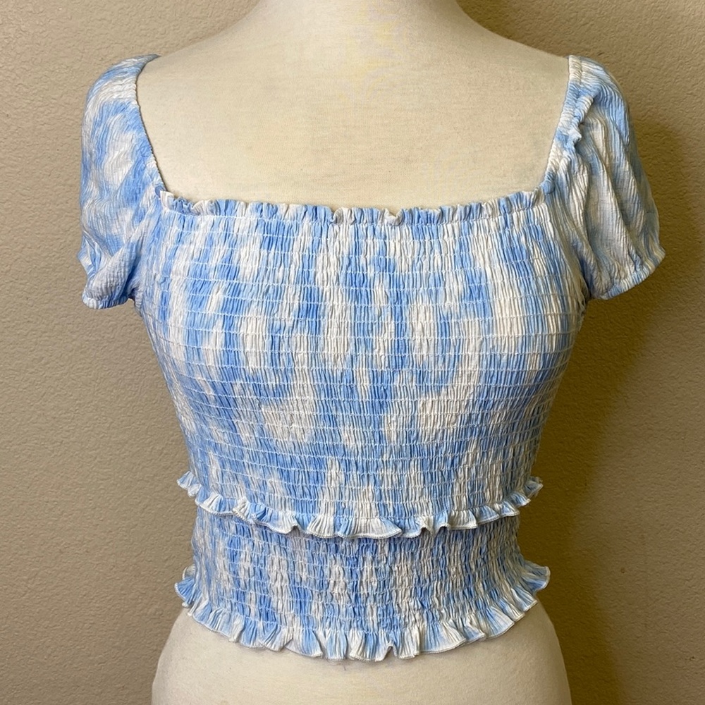 Lush Blue Swirl Smocked Short Sleeve Square Neck Top NWT Size Med